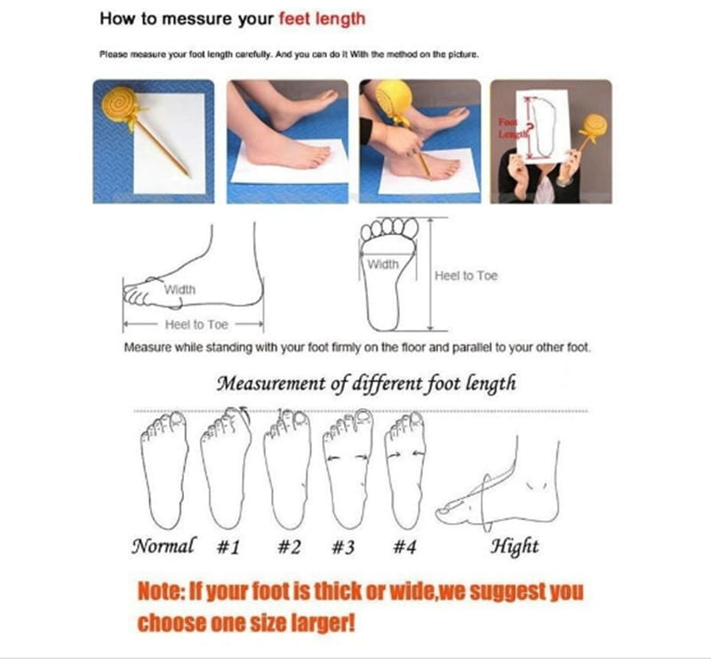 Instructional diagram showing how to measure foot length and width with a yellow lollipop-style tool for plus size women’s flat roman strappy sandals.