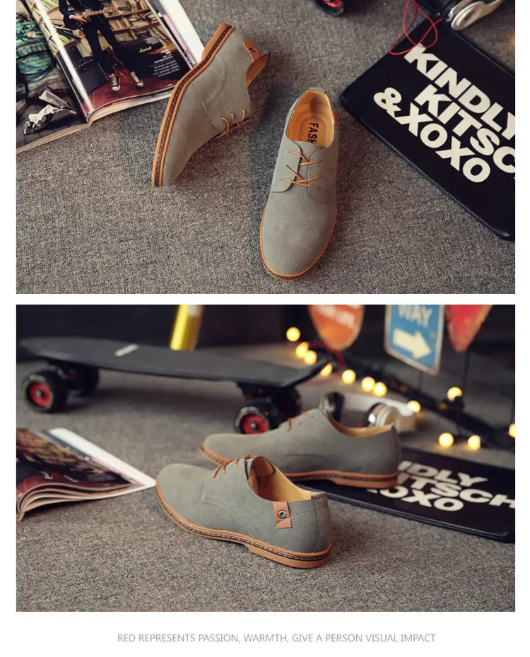 Graue Wildleder-Schnür-Oxford-Schuhe für Herren mit beigen Lederakzenten und Schnürsenkeln, als Leder-Flats gestaltet.