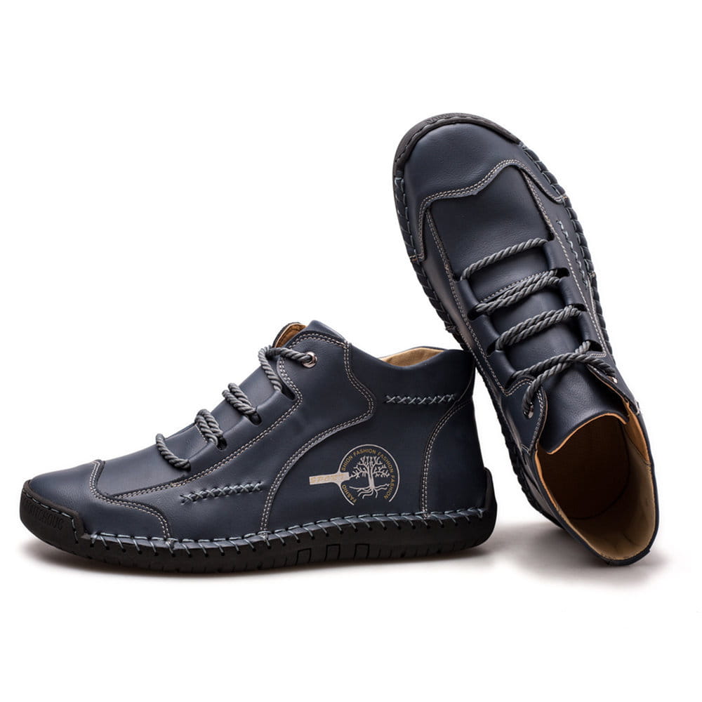 Dark blue leather lace-up boots feature hand-stitched vintage design with a tree emblem on the side.