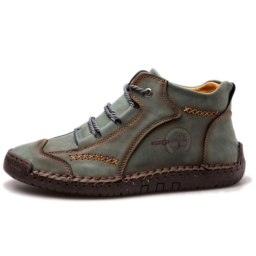 Olive green leather ankle boot with brown stitching and rugged sole featuring hand stitched vintage high top sneaker design.