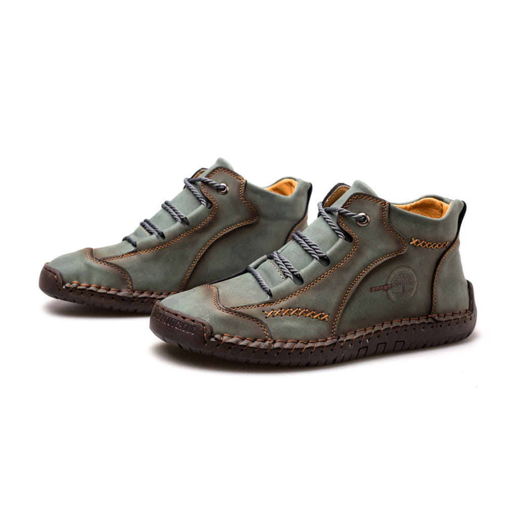 Olive green leather high-top boots with brown stitching and dark gray laces hand stitched as vintage high top sneakers.
