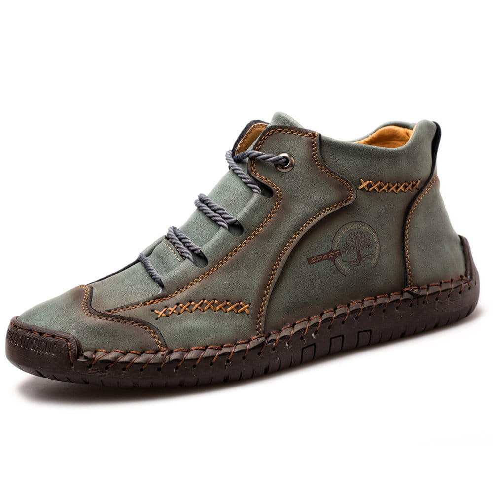 Olive green leather high top sneaker with brown stitching and a textured rubber sole from the leather boots hand stitched vintage high top sneakers collection.