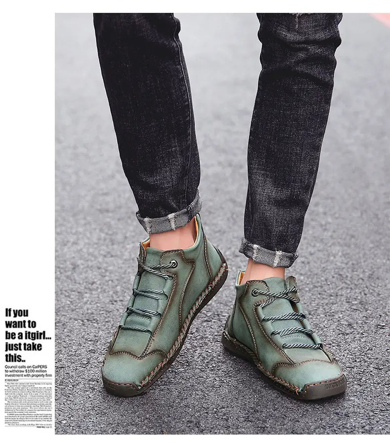 olive green leather ankle boots with visible stitching and a rugged sole combining vintage style and hand-stitched craftsmanship in high top sneakers design.
