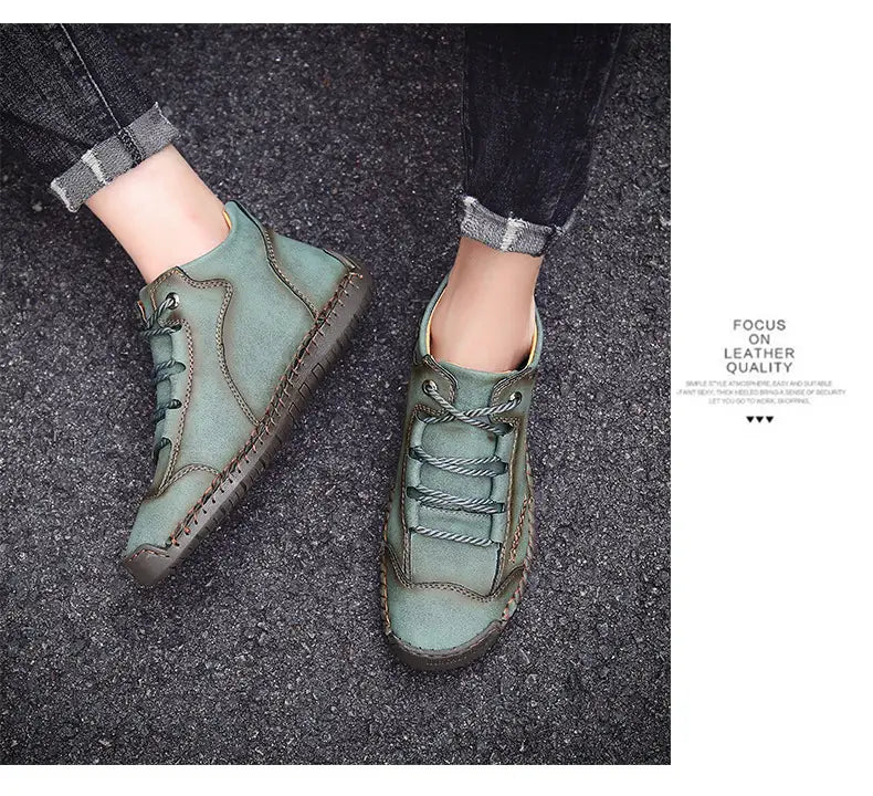 Leather boots hand stitched vintage high top sneakers in green suede with dark brown stitching and laces.