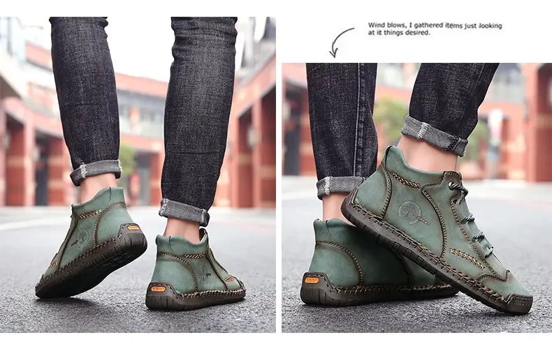 Olive green leather ankle boots featuring visible hand stitching and a small side logo in a vintage high top sneaker style.