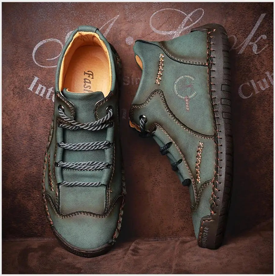 Olive green suede leather boots hand stitched vintage high top sneakers featuring dark brown stitching and braided laces.