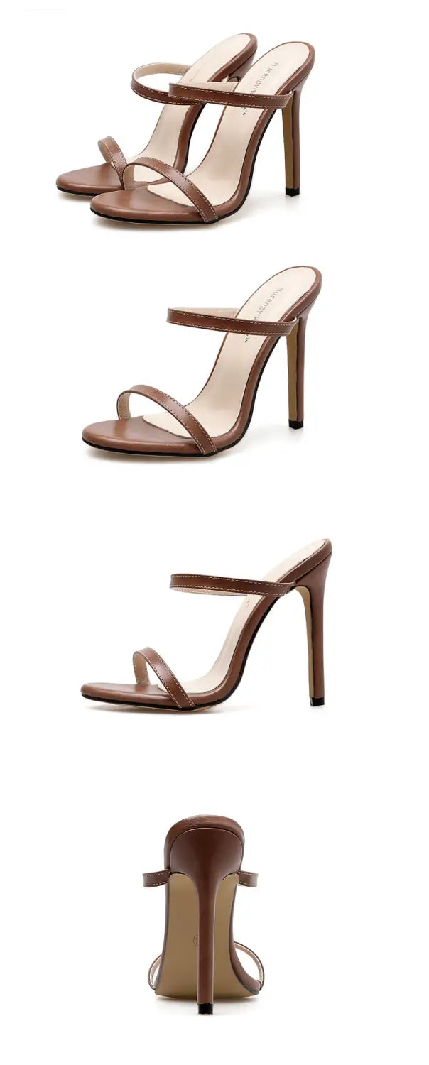 Brown leather strappy stiletto sandals with a sleek minimalist design and high heels for elegant occasions.