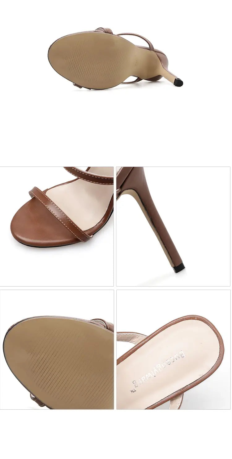 Brown leather minimalist strappy stiletto sandal with a slender heel and black-tipped sole.