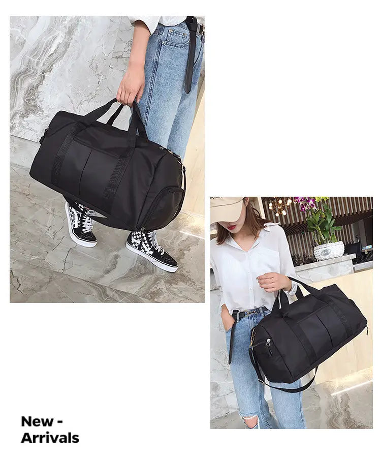 Black nylon sports duffel bag with dual top handles and a detachable shoulder strap featuring a rose gold waterproof nylon design.