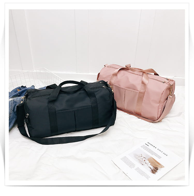 Black and rose gold nylon waterproof sports duffel bags with adjustable straps and multiple zippered compartments