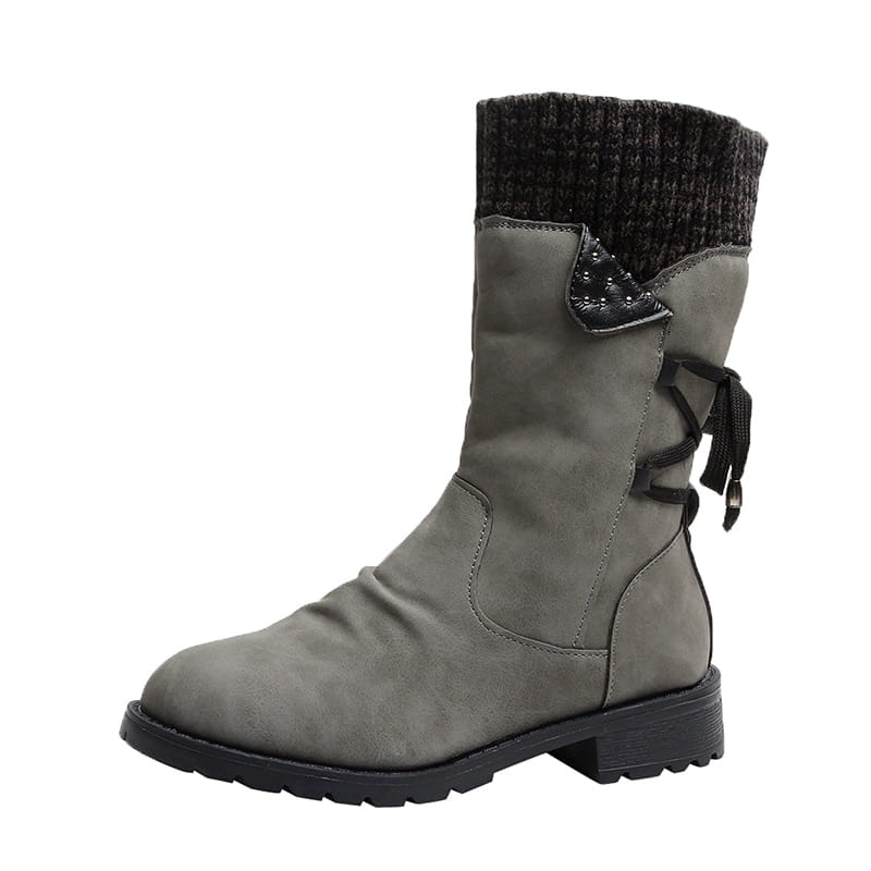 Gray suede women winter snow ankle boot with a black knitted cuff and decorative lace-up detail for mid calf martin shoe style.