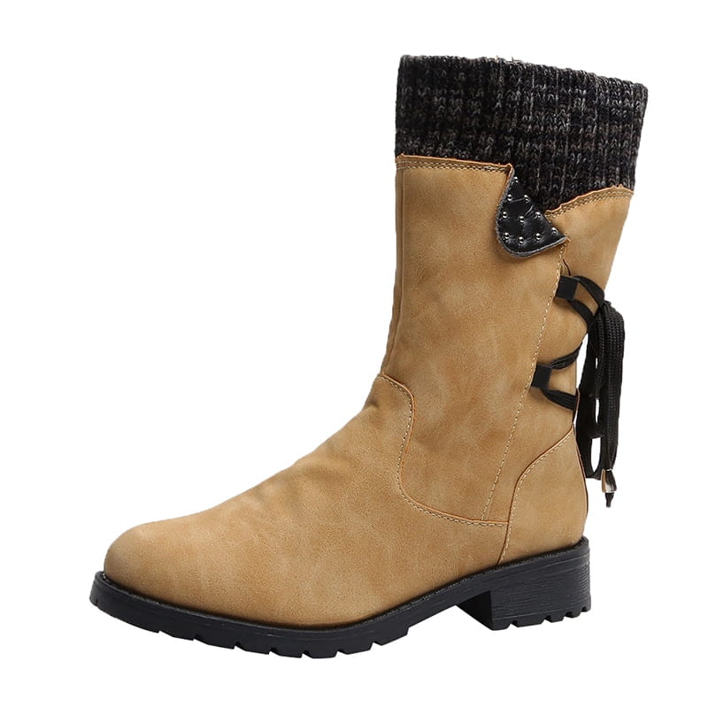 Tan suede ankle boot with black knitted cuff and decorative lace-up detail designed for women winter snow boots suede mid calf martin shoes.