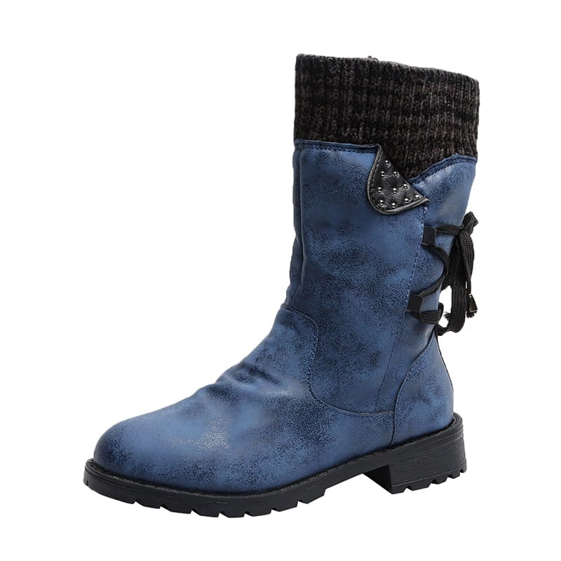 Blue distressed leather women winter snow ankle boot with black knitted cuff and decorative metal buckle for cold weather use