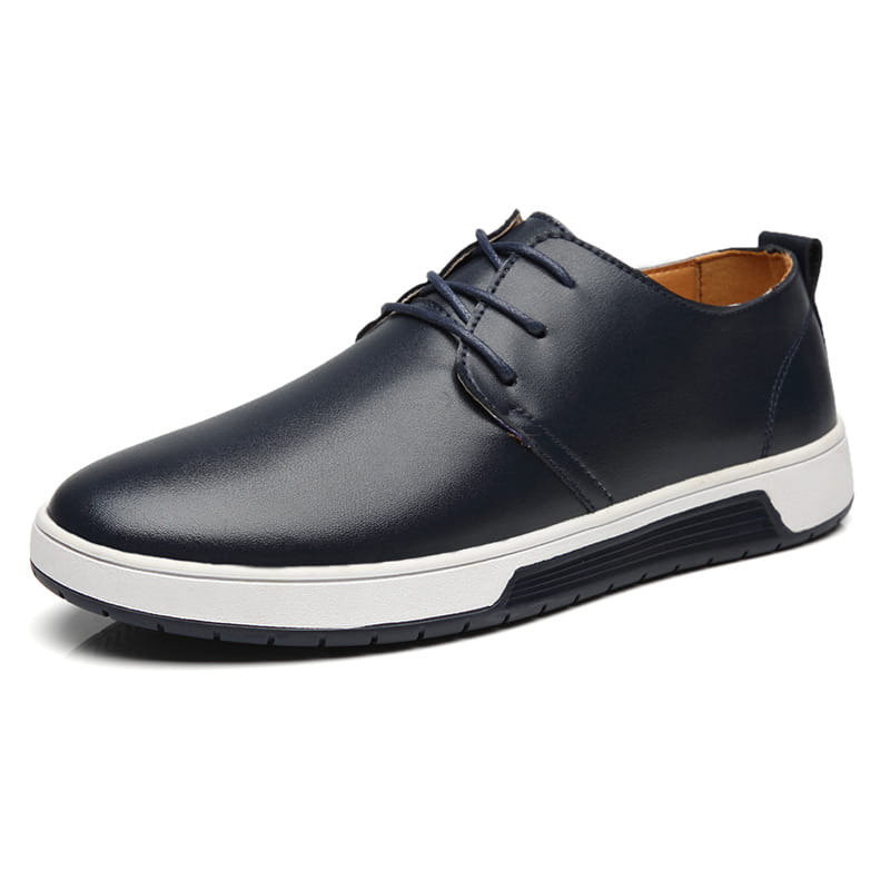 Black leather lace-up men’s breathable sneakers with white rubber sole and tan interior lining featuring non-slip design.