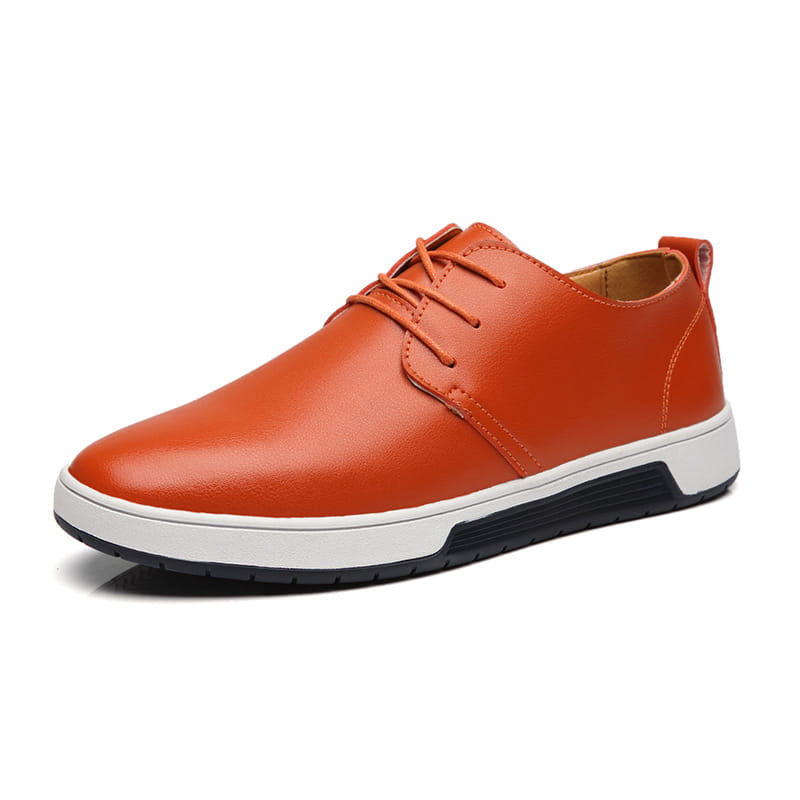 Men’s breathable orange leather lace-up sneakers with a white and black non-slip rubber sole.