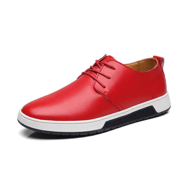Red leather lace-up men’s breathable sneakers with a white and black non-slip rubber sole.