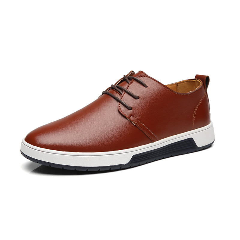 brown leather lace-up men’s breathable sneakers with a non-slip white and black rubber sole.