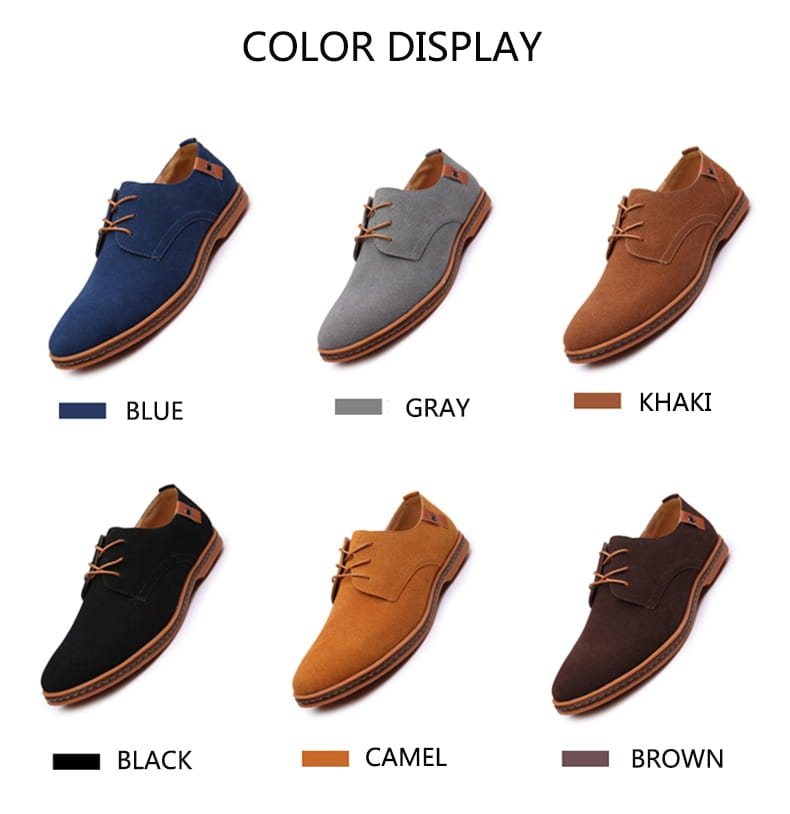 six paires de chaussures décontractées à lacets en suède nubuck pour hommes, présentant du bleu-gris, du kaki, du noir, du camel et du brun, disposées côte à côte