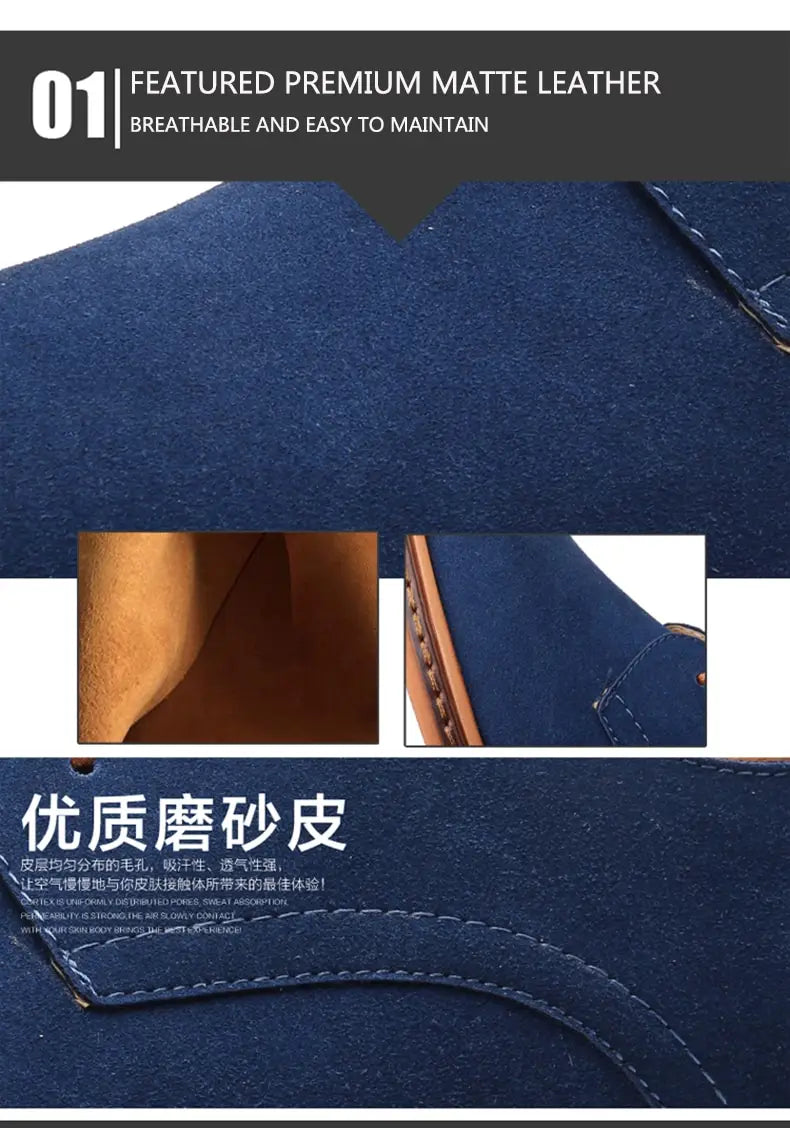 Chaussures décontractées à lacets en suède nubuck pour hommes, en bleu marine profond, cuir mat premium, avec une texture souple respirante et des détails de surpiqûres subtils.