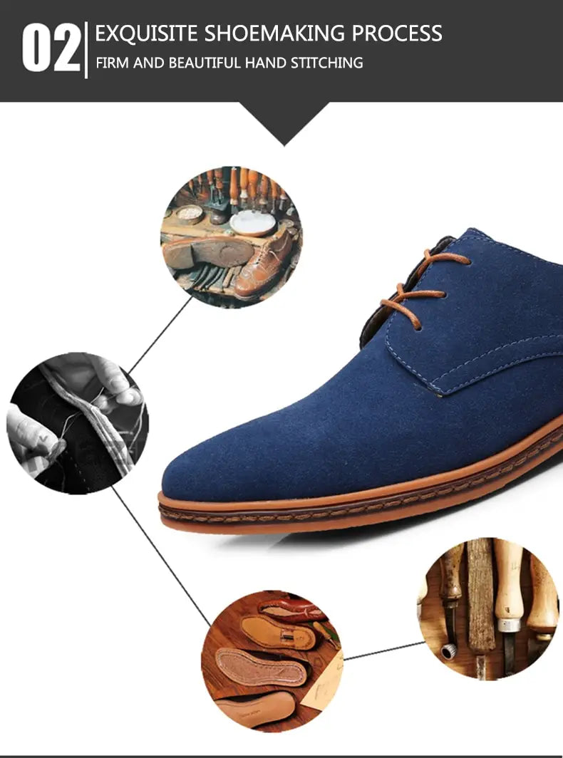 Chaussure décontractée à lacets en suède nubuck pour homme en bleu marine, avec des lacets en cuir marron et une semelle beige.