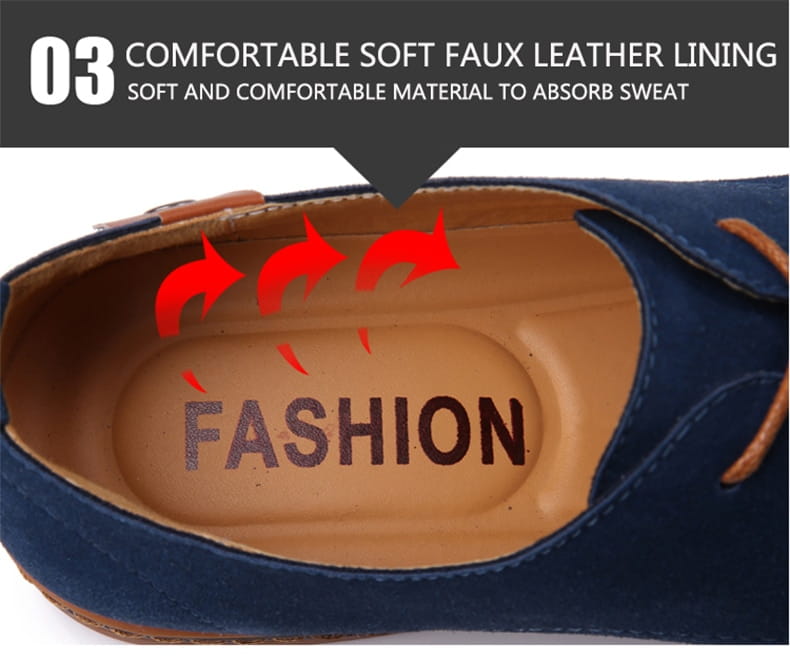 Chaussures décontractées à lacets en suède nubuck pour hommes en bleu, avec doublure beige en faux cuir et lacets marron.