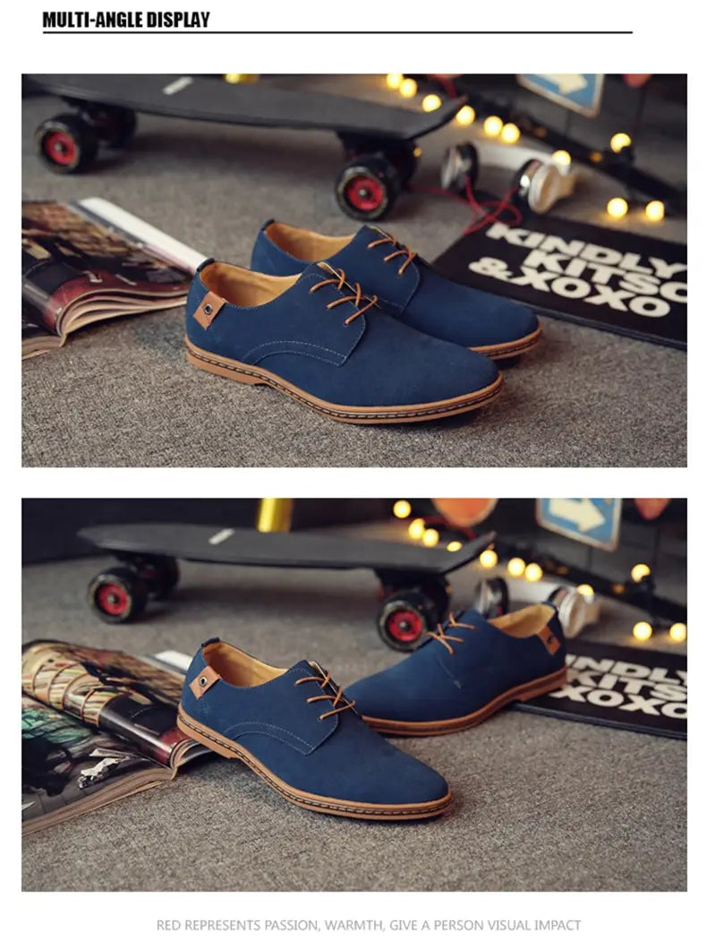 Chaussures décontractées à lacets en suède nubuck pour hommes en bleu, avec des lacets beige et une patte de talon assortie, vues depuis l’arrière.