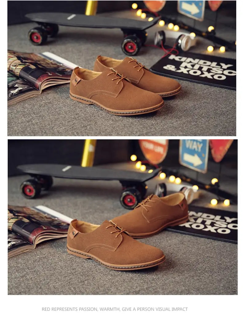 Chaussures décontractées à lacets en suède nubuck pour hommes en beige, avec un design oxford classique et des lacets en cuir brun clair.