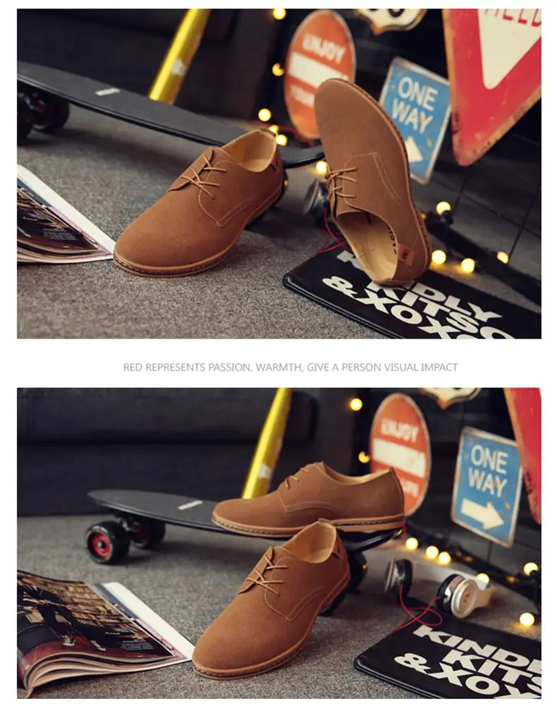 Chaussures décontractées à lacets en suède nubuck pour hommes en beige, avec un design classique et une doublure en cuir brun clair.