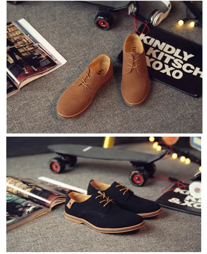 Chaussures oxford décontractées à lacets en suède nubuck beige pour hommes, avec des lacets brun clair et une semelle beige assortie.