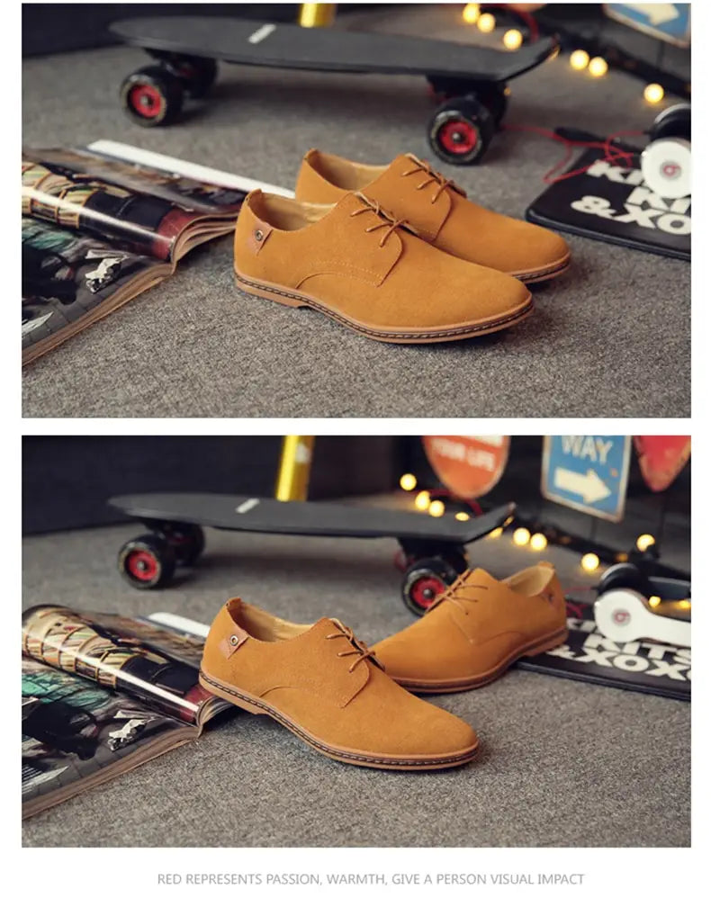 Chaussures décontractées à lacets en suède nubuck pour hommes en beige, avec un design oxford classique et des semelles en cuir marron.