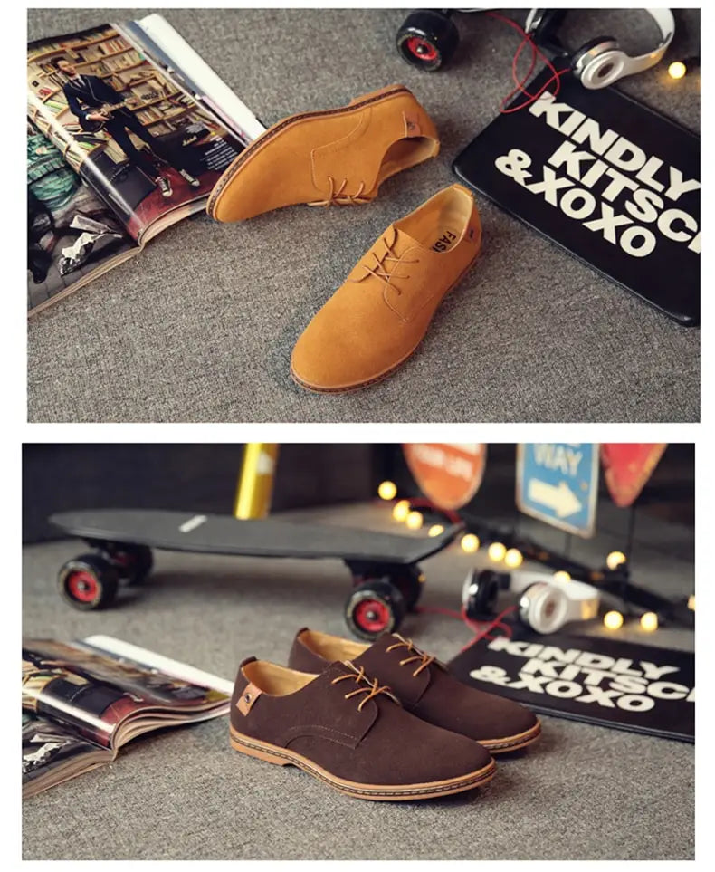 Chaussures oxford décontractées à lacets en suède nubuck pour hommes en beige, avec des lacets assortis et une semelle en cuir brun clair.