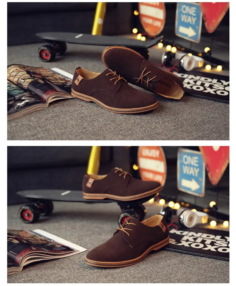 Chaussures décontractées à lacets en suède nubuck pour hommes en brun, avec des lacets beige et une semelle brun clair contrastante.