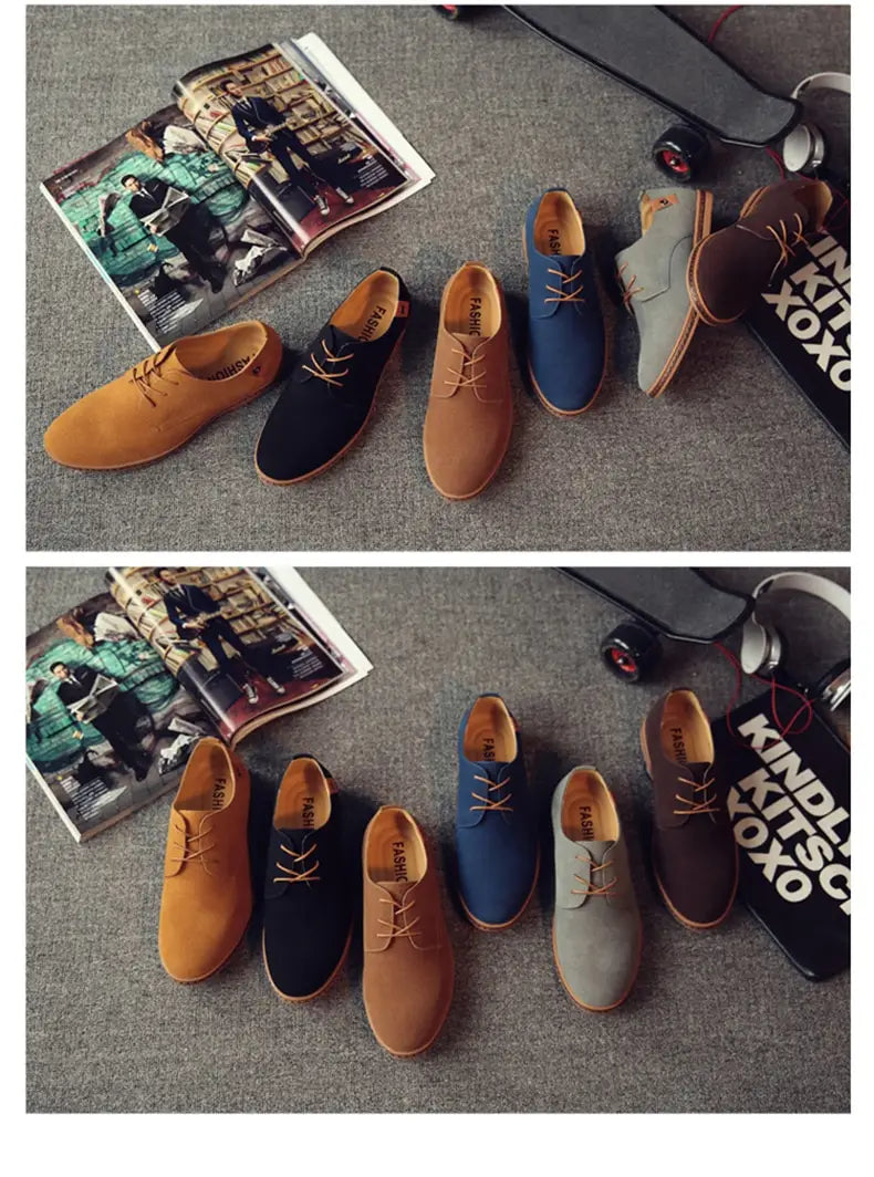 Une collection de chaussures oxford décontractées à lacets en suède nubuck pour hommes en beige, noir, bleu marine et gris.