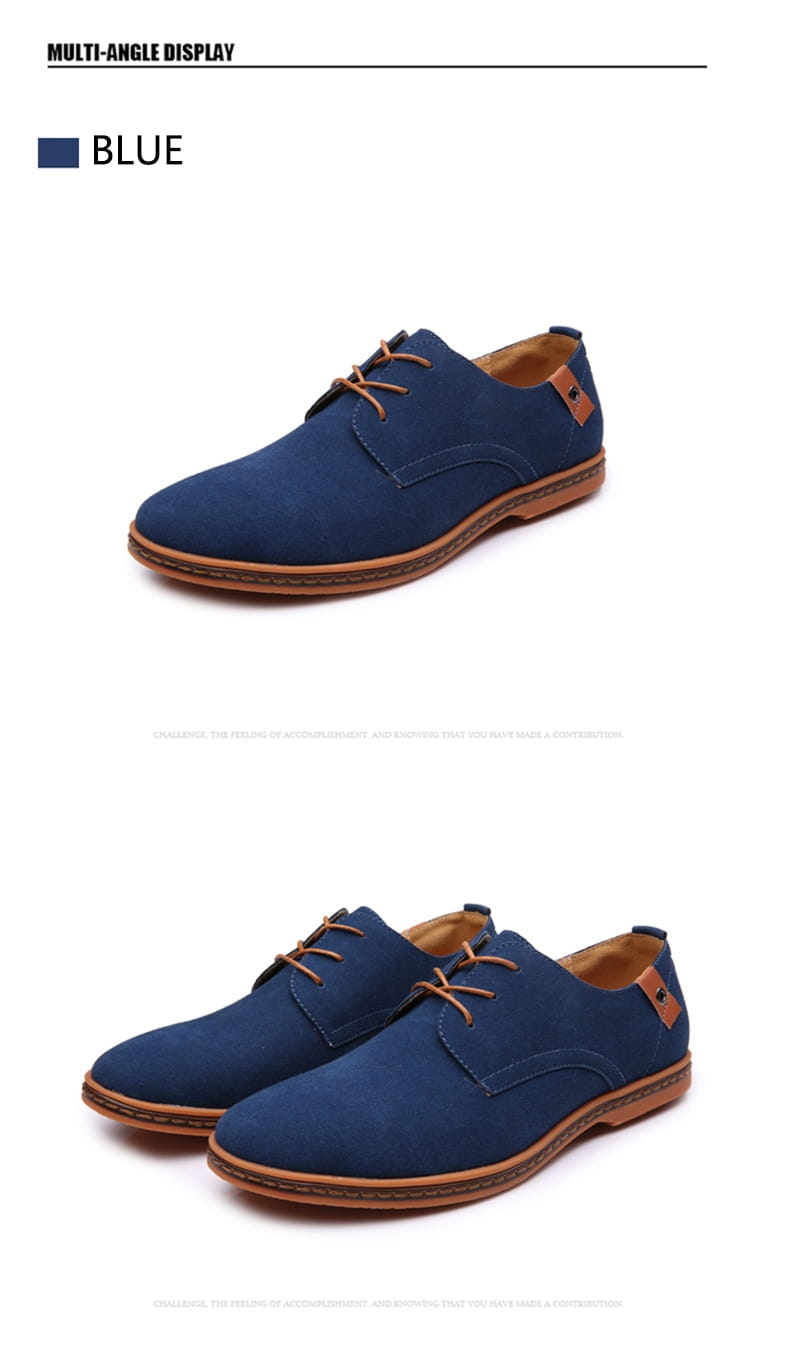Chaussures décontractées à lacets en suède nubuck pour hommes en bleu marine, avec des lacets en cuir beige et une semelle en caoutchouc marron.