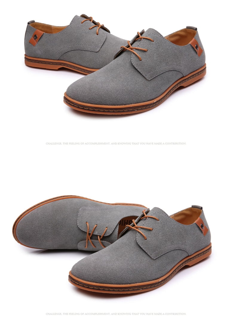 Chaussures décontractées à lacets en suède nubuck pour hommes en gris, avec des lacets en cuir beige, des semelles et des touches assorties.