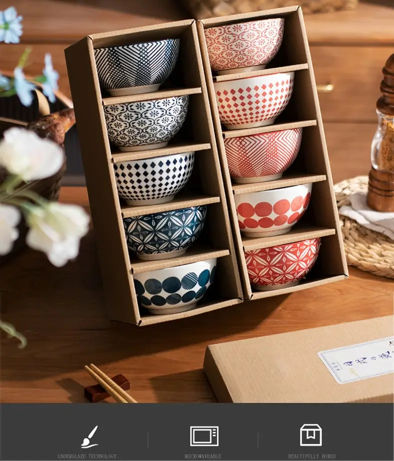 set of six ceramic bowls with intricate black white red and blue geometric and floral patterns in a wooden display box ceramic bowl set 5 piece japanese floral porcelain