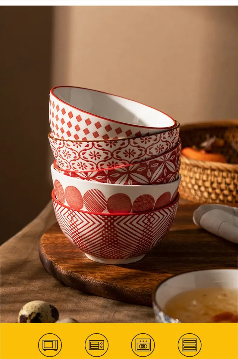 Stack of five red and white ceramic bowls with intricate geometric and floral patterns in a ceramic bowl set 5 piece Japanese floral porcelain.