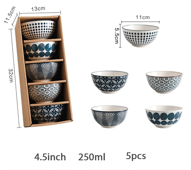 Set of five ceramic bowls with black and white geometric patterns each 4.5 inches in diameter and holding 250ml displayed in a cardboard box from the ceramic bowl set 5 piece Japanese floral porcelain collection.