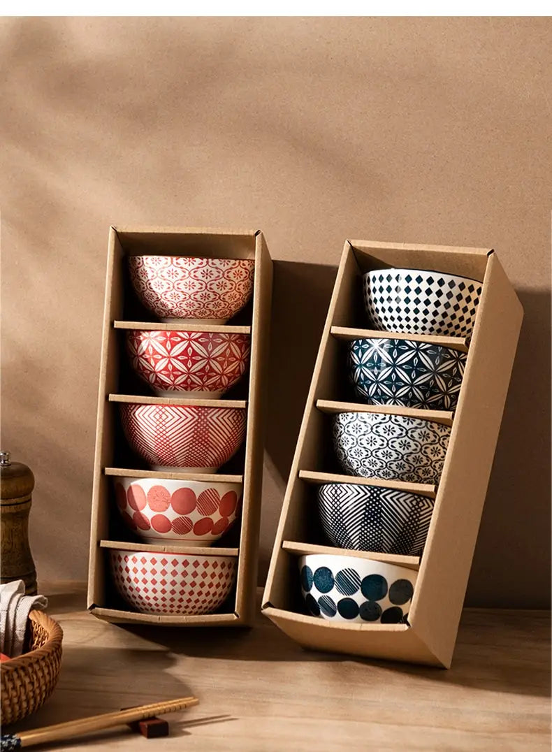 Set of six ceramic bowls featuring geometric and dot patterns in red white and blue tones crafted from Japanese floral porcelain.