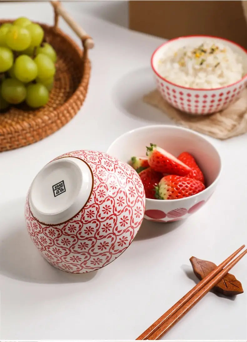 Red and white patterned ceramic bowl with floral design from the ceramic bowl set 5 piece Japanese floral porcelain collection.
