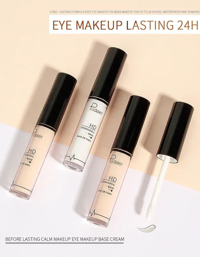 Cuatro tubos transparentes elegantes con tapa negra de Pudaier, base para sombras de ojos HD, prebase de ojos de larga duración, con cremas color beige y blanco visibles en el interior.