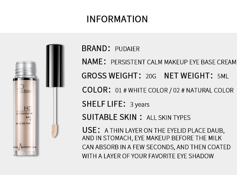 Pudaier hd eyeshadow base, prebase de ojos de larga duración, en un tubo de vidrio transparente elegante con tapa negra y anillo plateado.