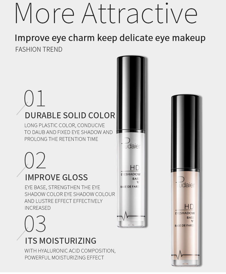 Dos tubos cilíndricos elegantes de pudaier hd eyeshadow base, prebase de ojos de larga duración, con tapas negras y cuerpos transparentes que contienen líquidos transparentes y beige claro, para una aplicación de maquillaje de ojos suave y duradera.