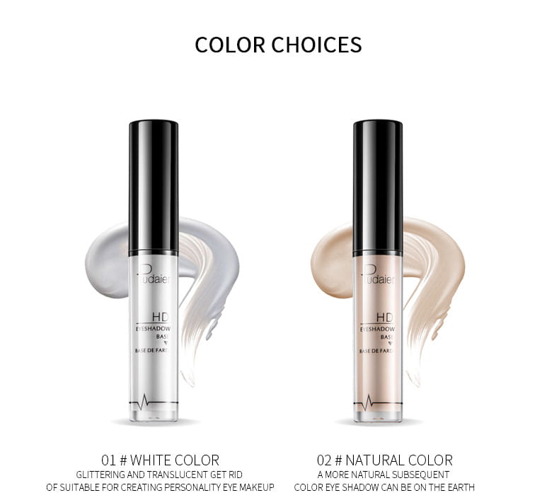 Dos tubos transparentes elegantes con tapas negras contienen Pudaier HD eyeshadow base, prebase de ojos de larga duración, en tonos blanco y natural.