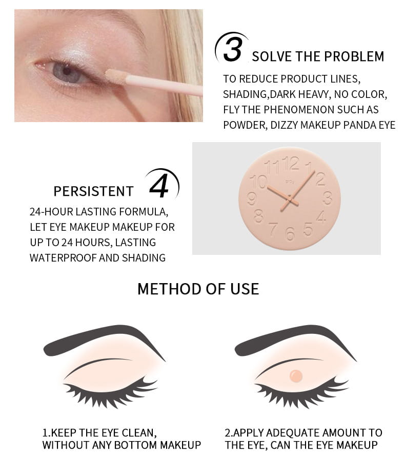 Un reloj redondo color durazno con números y agujas negras, presentado junto con pudaier hd eyeshadow base, prebase de ojos de larga duración, para una mayor durabilidad del maquillaje.