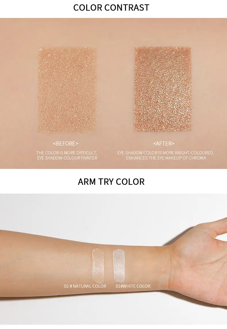 Un swatch de sombra de ojos rosa dorado con brillo y acabado metálico brillante de Pudaier HD eyeshadow base, prebase de ojos de larga duración.