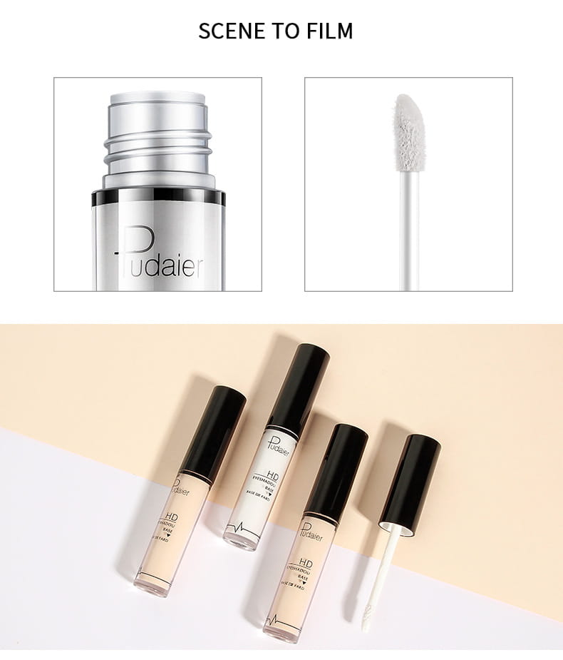 Tubos de corrector de hidrogel pudaier hd con parte superior plateada y tapa negra, que contienen líquido beige para el uso como base de sombras de larga duración y prebase de ojos.