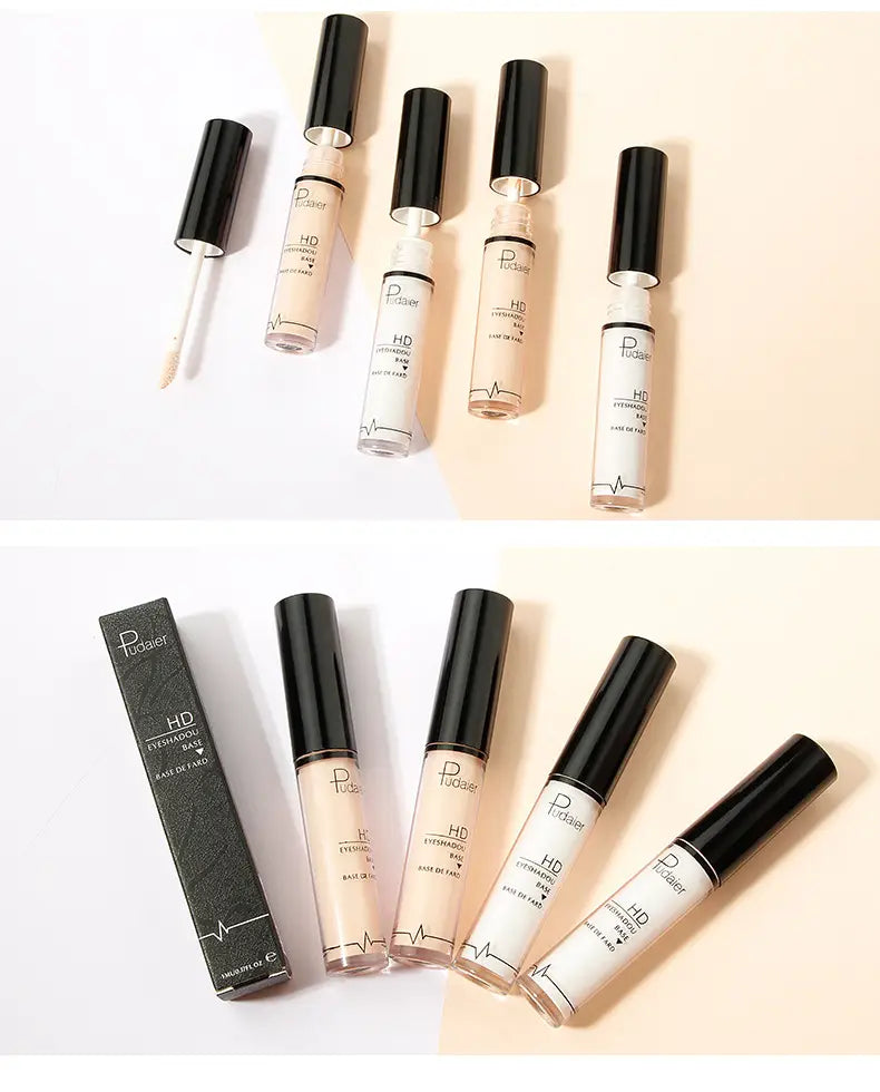 Conjunto de cinco prebases de ojos Pudaier Hd Eyeshadow Base, de larga duración, en frascos de vidrio transparente con tapas negras, que presentan tonos desde beige claro hasta blanco marfil sobre un fondo blanco.