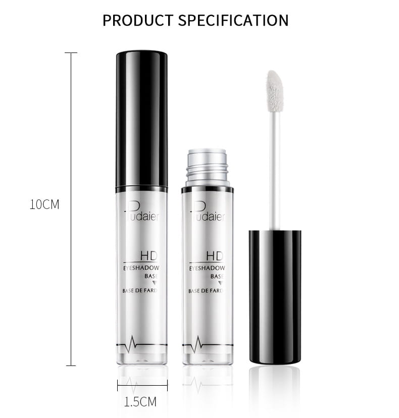 Dos tubos cilíndricos transparentes con tapas negras y bandas metálicas plateadas etiquetados como hd eyeshadow base por dudai, junto con una varilla aplicadora blanca en el producto pudaier hd eyeshadow base, prebase de ojos de larga duración.