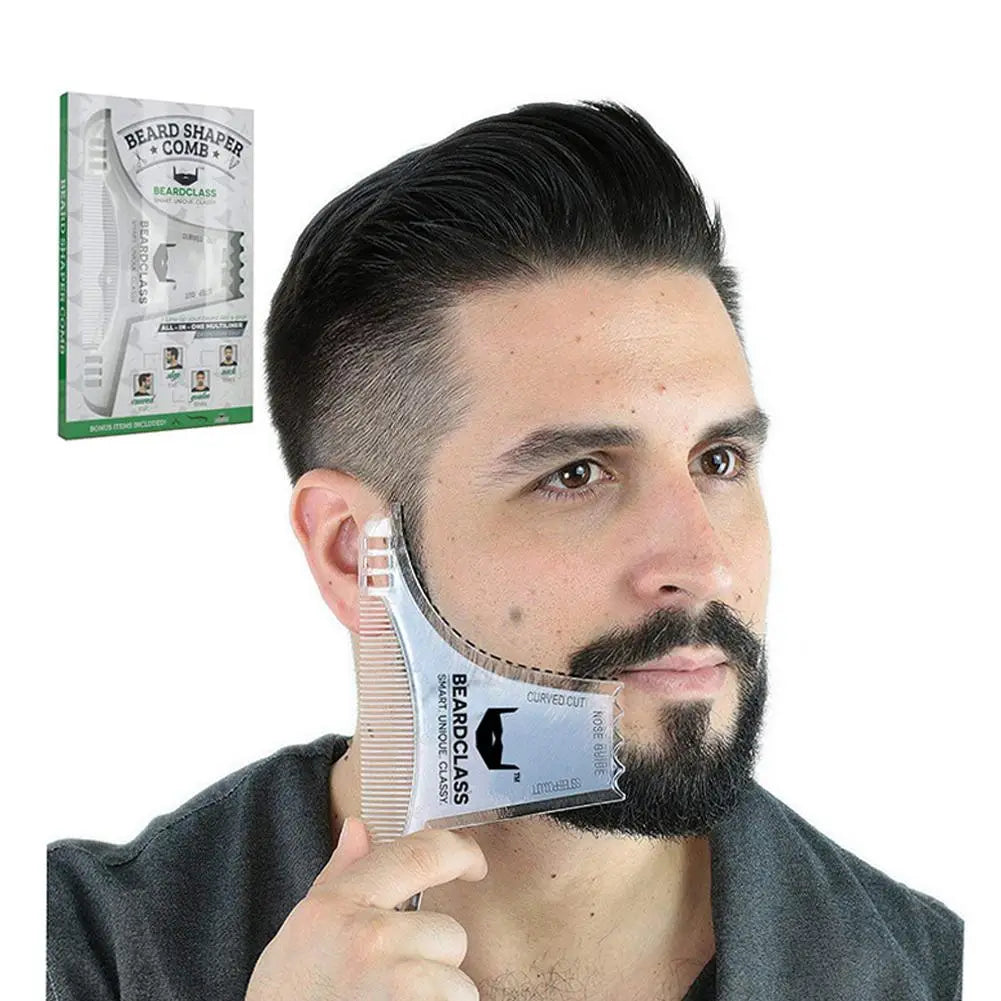 Silberfarbener Kunststoffbart-Schneidekamm mit verstellbarer Nasenführung und Stufenschnitt-Design für präzises Grooming, von der Rückseite dargestellt